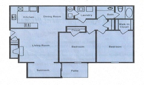 Floor plan for 2 beds, 1 bath, 1075 sqft